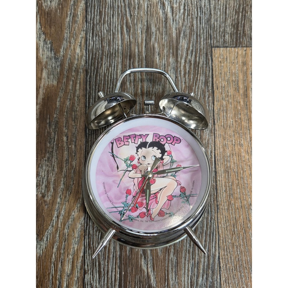 Vintage 1998 Betty Boop Twin Bell Alarm Clock Pink Chrome Wind Up Mechanical